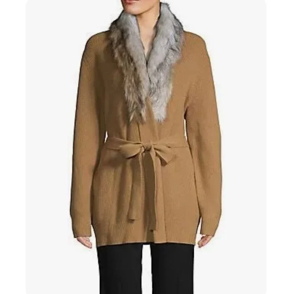 Michael Kors Camel Wrap Cardigan with Faux-Fur Shawl Collar